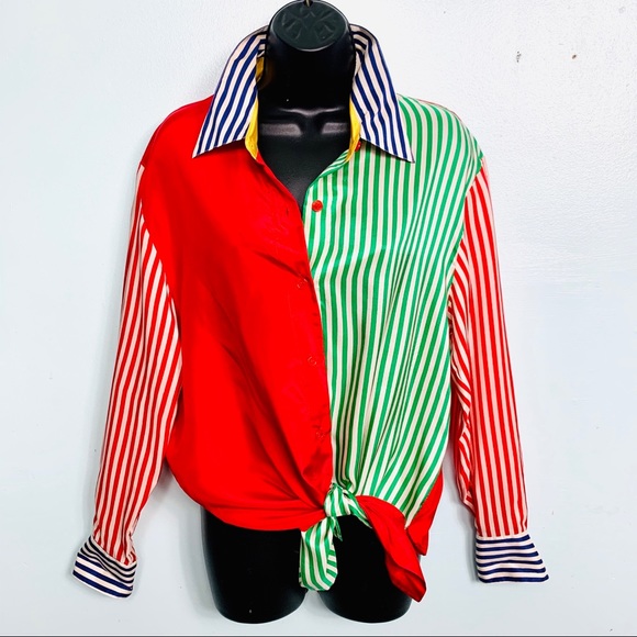 Vintage Tops - VINTAGE 100% Silk Color Block Button Down Top